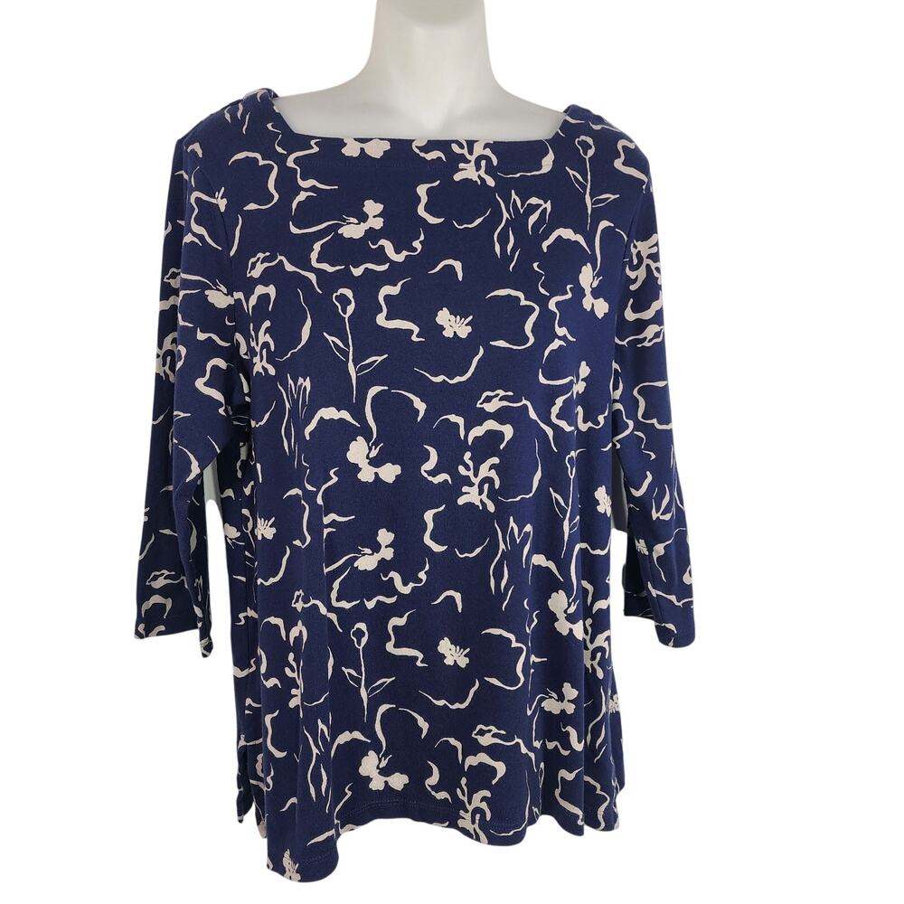 Chico's Womens Pima Cotton Square Neck Tunic Top 3/4 Sleeve Blue Size 2 US Large